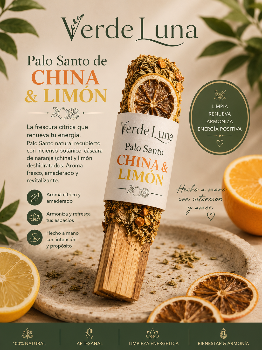 Palo Santo de China y Limón Artesanal | Frescura, Armonía y Renovación |VerdeLuna