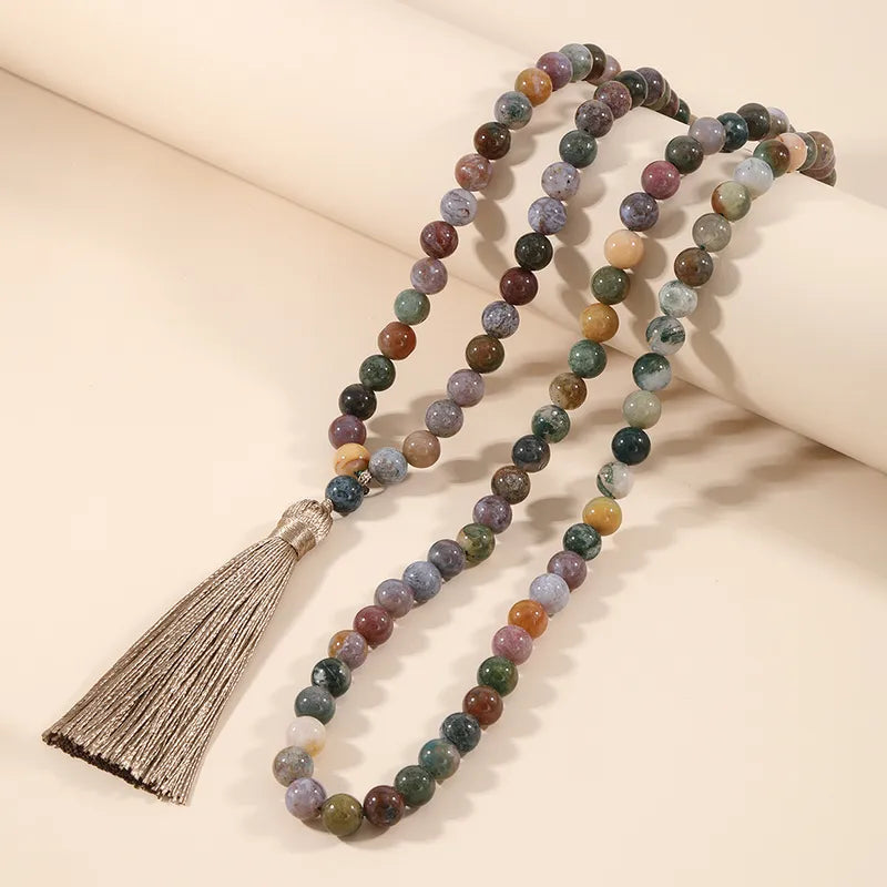 Collar Mala Largo de 108 Cuentas | Ágata India y Turquesa Africana para Meditación y Yoga
