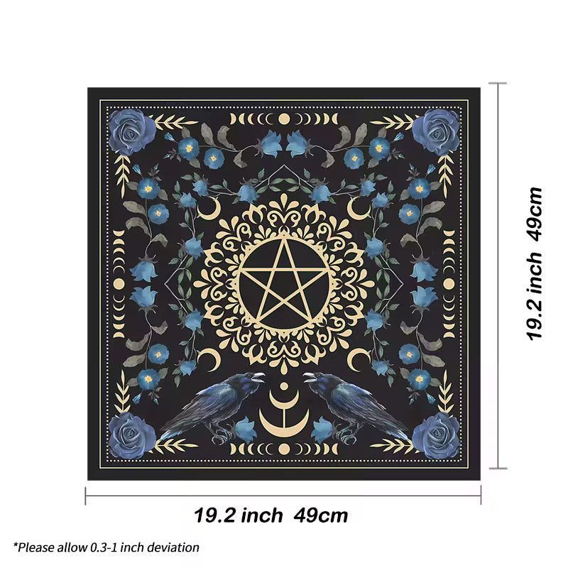 Paño de Altar con Fases Lunares y Flores | Tapete de Tarot en Poliéster con Sol, Luna y Detalles Dorados