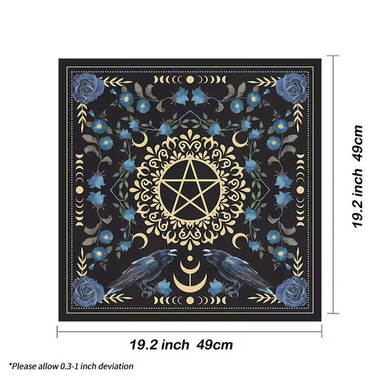Paño de Altar con Fases Lunares y Flores | Tapete de Tarot en Poliéster con Sol, Luna y Detalles Dorados
