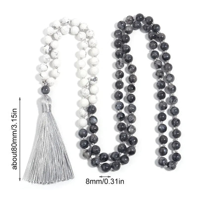 Collar Mala de Madera de Pino Blanco y Negro 8mm | Joyería Bohemia con Borla para Meditación y Yoga