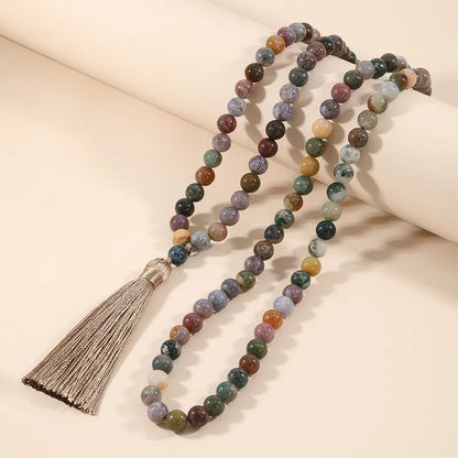 Collar Mala Largo de 108 Cuentas | Ágata India y Turquesa Africana para Meditación y Yoga
