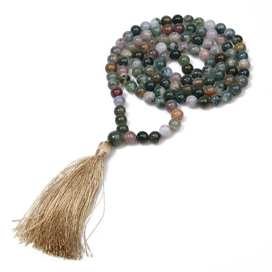 Collar Mala Largo de 108 Cuentas | Ágata India y Turquesa Africana para Meditación y Yoga