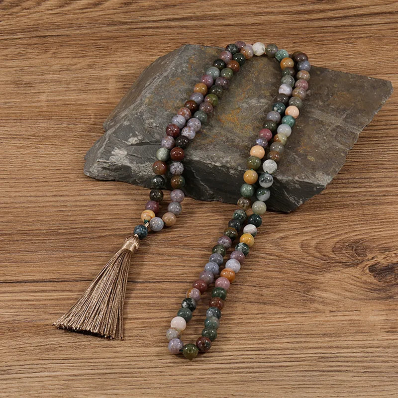 Collar Mala Largo de 108 Cuentas | Ágata India y Turquesa Africana para Meditación y Yoga