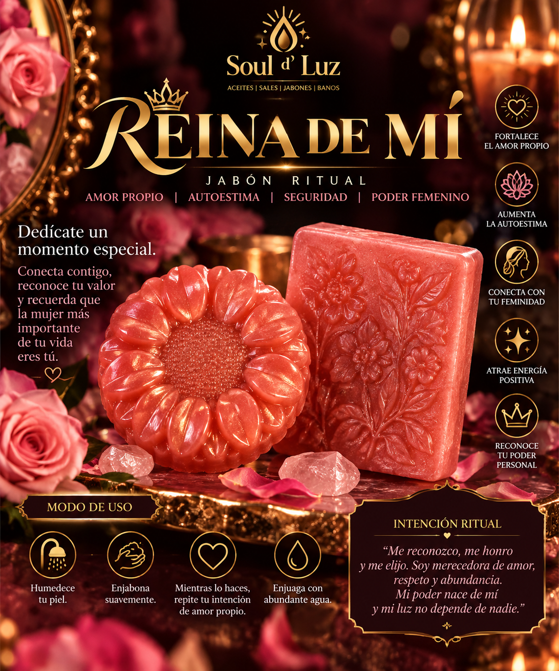 Reina de Mí — Jabón Ritual de Amor Propio y Poder Femenino | Olor rosa, magnolia y White Mus