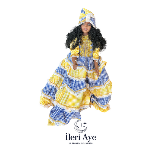 Muñeca azul y amarilla