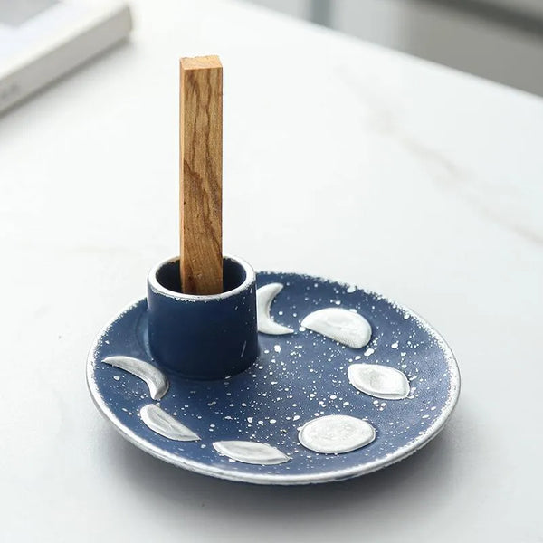 Quemador de Incienso de Cerámica Azul con Base de Madera Sagrada | Diseño de Lunas para Palo Santo, Sage e Incienso