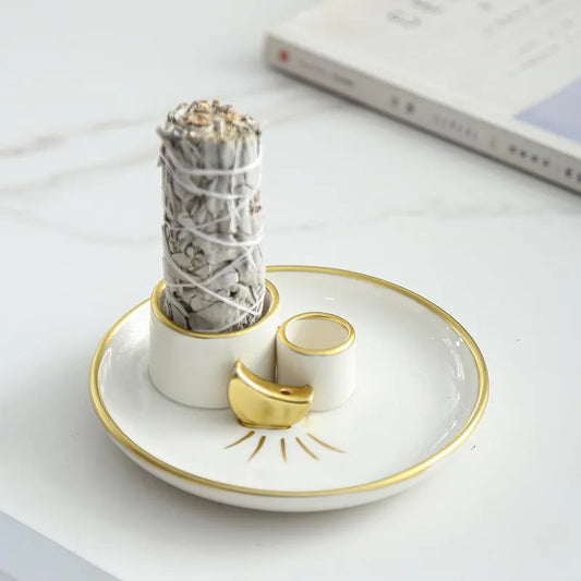 Quemador de Incienso de Cerámica con Base de Madera Sagrada | Ideal para Palo Santo y Salvia