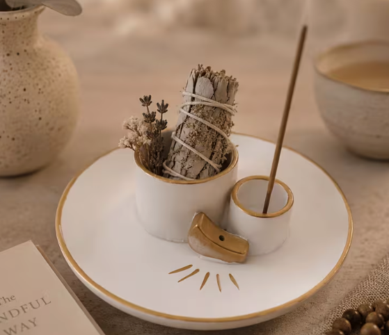 Holder de incienso crema y dorado | Para bundle herbales, incienso, palo santo