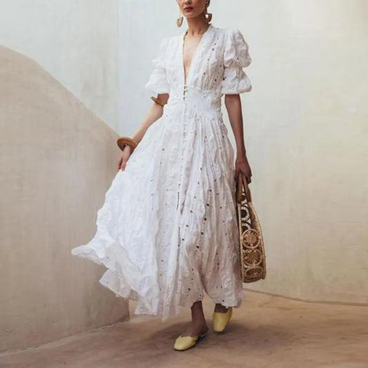 Vestido Blanco de Princesa para Iyawó | Elegante con Cordón, Cuello en V y Manga Larga - M