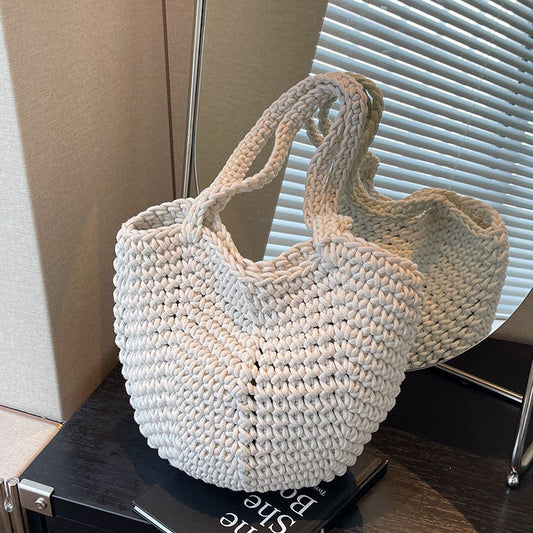 Bolso Blanco Tejido con Cinta para Mujer | Bolso de Hombro con Diseño Hueco a la Moda